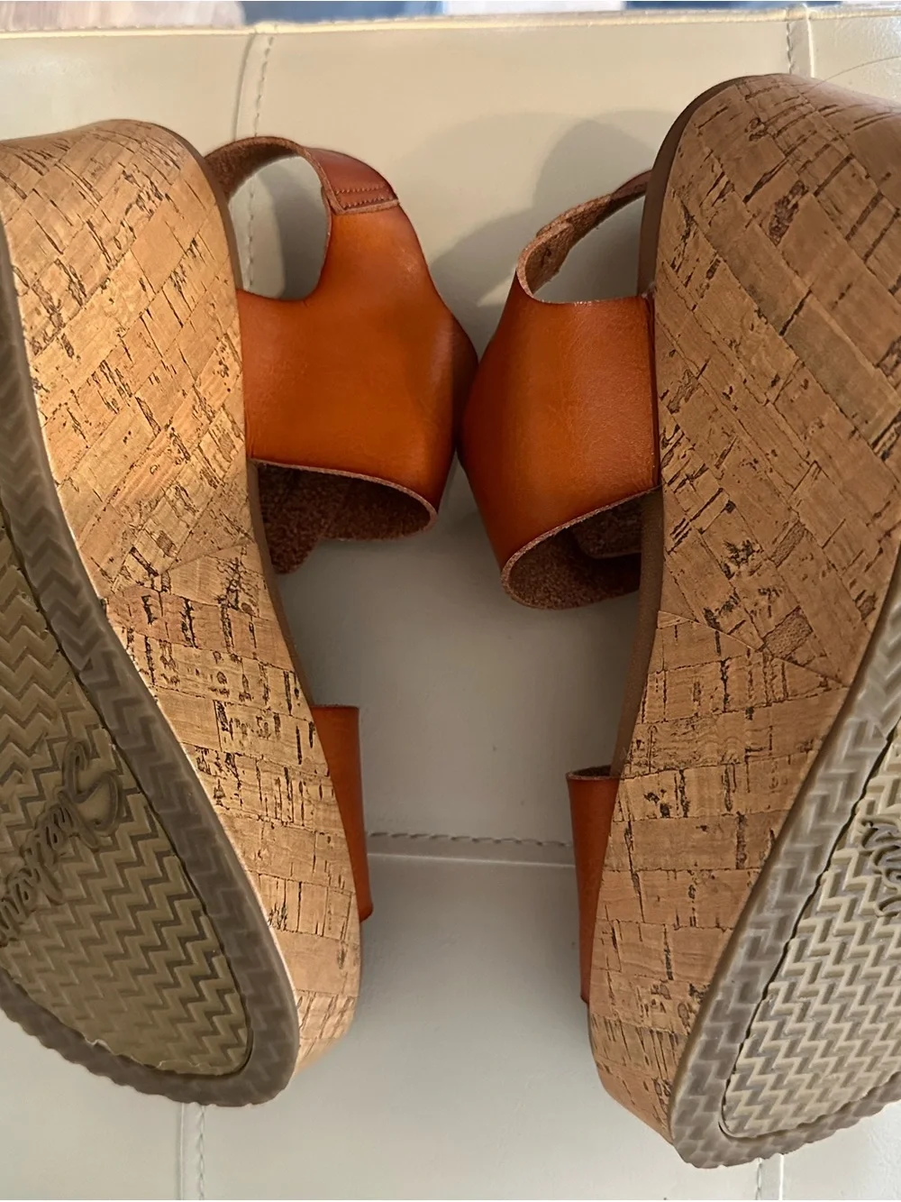 Skechers Luxe Foam Cork Wedge Sandals Chestnut Double Buckle